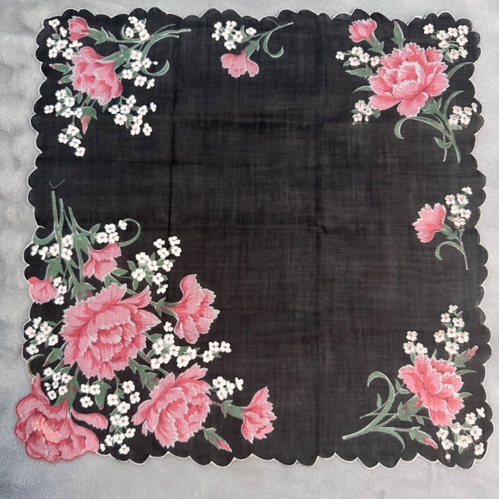 Vintage Burmel Vogue Handkerchief Black Pink Floral Scalloped Hankie 1950s